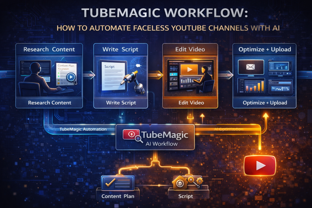 TubeMagic workflow for automating faceless YouTube channels using AI from content research to video optimization and upload in 2026