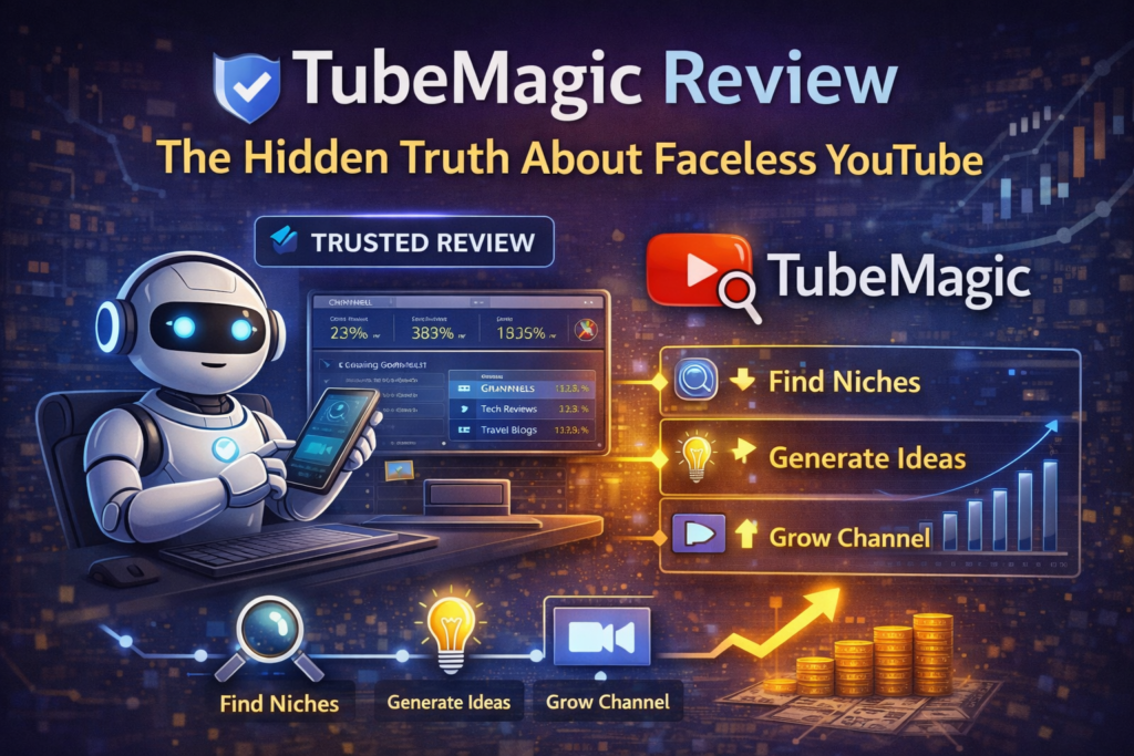 TubeMagic review in 2026 showing how the AI tool helps faceless YouTube channels find niches generate ideas and grow using real data