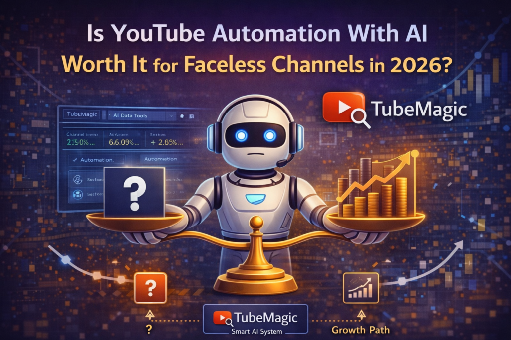 Is YouTube automation with AI worth it for faceless YouTube channels in 2026 showing growth potential and decision making using TubeMagic