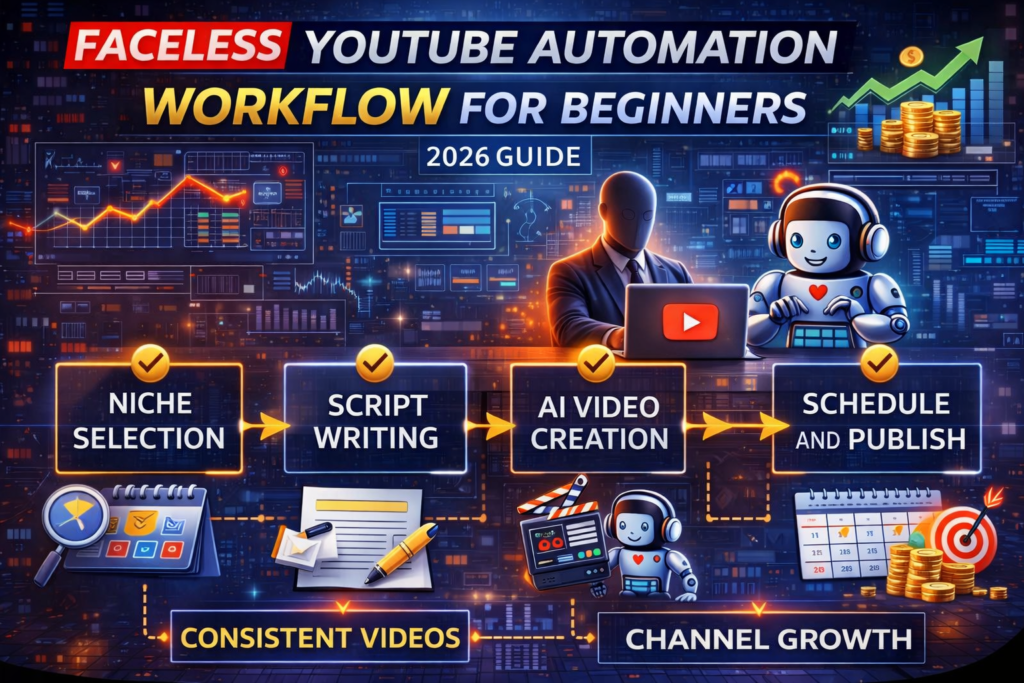 Step-by-step faceless YouTube automation workflow for beginners in 2026 showing niche selection, AI script writing, video creation and publishing system
