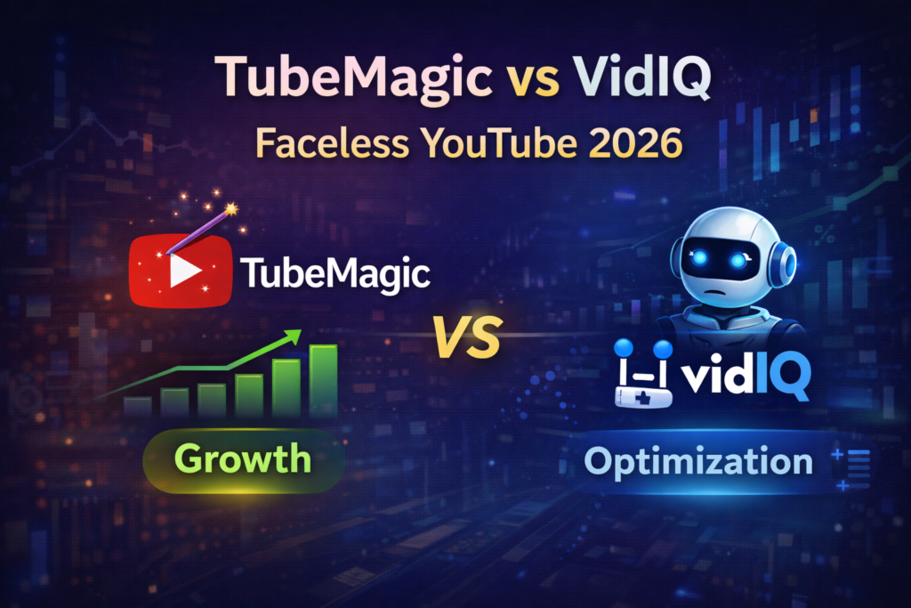 TubeMagic vs VidIQ comparison for faceless YouTube channels in 2026 showing growth vs optimization AI tools