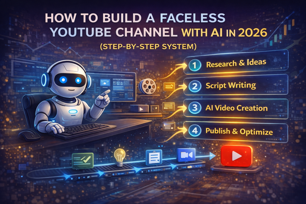 Step by step system to build a faceless YouTube channel with AI in 2026 using automation tools for research scripting and video creation
