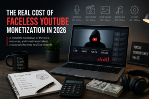 Faceless YouTube channel costs in 2026 including AI tools, voiceovers, editing, and stock footage