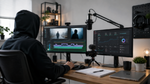 Faceless YouTube creator editing videos at a home workspace