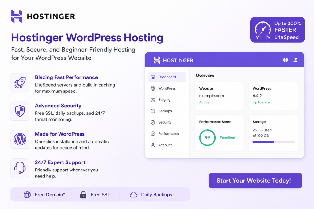 Hostinger WordPress hosting features including speed, security, SSL, backups, and WordPress tools
