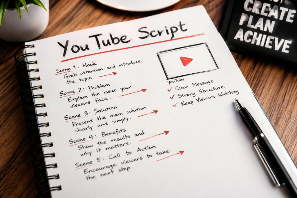 YouTube video script outline with hooks, structure, and call to action