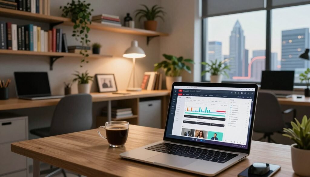 A cozy, modern workspace designed for creative YouTube content creation in 2026. In the foreground, a sleek laptop displays analytics and a digital storyboard, with a cup of coffee beside it. The middle layer features large bookshelves filled with books on research, history, and storytelling, alongside decorative plants. A stylish desk lamp casts warm, soft light. In the background, a window reveals a futuristic cityscape, hinting at innovation and progress. The atmosphere is calm and intellectually stimulating, ideal for brainstorming content ideas. Use a wide-angle lens to capture the entire scene, ensuring clarity and detail. The branding “Ryan Blake AI” subtly integrated into the workspace elements. 27 Faceless YouTube Channel Ideas You Can Start in 2026