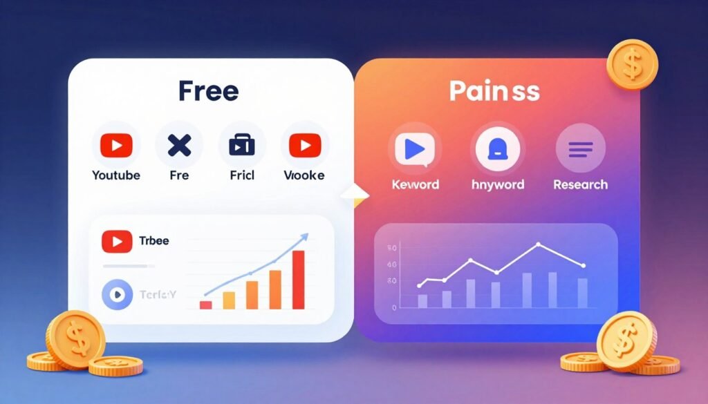A digital illustration showcasing a comparison between TubeBuddy's free and paid plans, featuring a split-screen layout. On the left side, represent the free version with icons of basic YouTube tools, showcasing a simplified interface in a bright color scheme. On the right side, illustrate the paid version with advanced features like keyword research and analytics, using a richer color palette. Foreground elements may include coins or dollar signs representing pricing, while middle ground features charts or graphs depicting growth and analytics. The background should be a subtle gradient, creating an engaging, professional atmosphere. Lighting should focus on highlighting the differences between the two plans, creating a clear contrast. Use a smooth lens effect for a polished look, ensuring that the brand name "RyanBlakeAI" is integrated seamlessly into the design without text overlays. TubeBuddy keyword research and SEO tools for YouTube