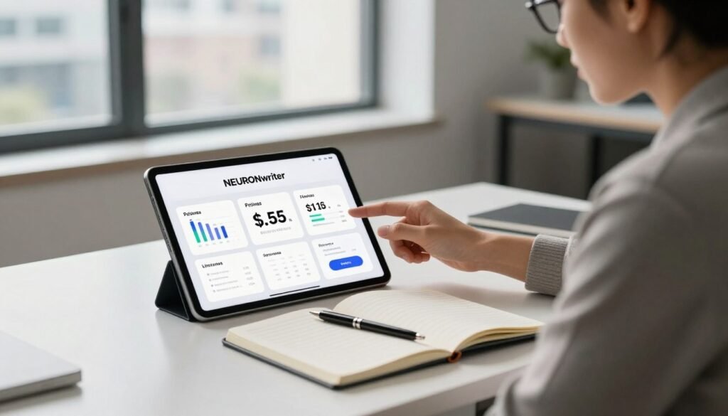 A modern, sleek desk setup in a well-lit office environment, showcasing a digital tablet displaying the NEURONwriter logo prominently. In the foreground, a focused professional in smart casual attire examines pricing charts and lifetime plans on the tablet, with a look of curiosity and determination. The middle ground features an open notebook and a pen, symbolizing contemplation and decision-making about the product. The background reveals a large window with a city view, allowing natural light to flood the room, creating an inspiring atmosphere. Soft shadows enhance the mood, evoking a sense of professionalism and opportunity. Capture the essence of digital entrepreneurship and innovative pricing strategies, incorporating the brand name "RyanBlakeAI" subtly into the design elements.