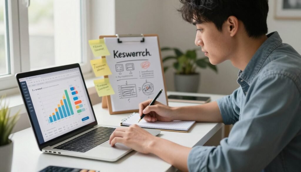 A realistic workspace scene showcasing a determined small YouTube creator engaged in keyword research for their video content. In the foreground, a modern desk features a laptop with an open analytics dashboard displaying vibrant graphs and search metrics, reflecting the importance of keyword optimization. The middle ground includes sticky notes and a notepad with scribbled ideas and a strong video concept related to the shortlisted keyword. In the background, soft natural lighting streams in from a nearby window, casting a warm glow over the scene. The creator, a young professional in smart casual attire, appears focused and inspired. The overall mood is one of creativity and determination, illustrating the meticulous process of transforming keywords into compelling video concepts. Include branding elements subtly in the workspace, such as a logo or icon with "RyanBlakeAI". vidIQ keyword research dashboard for finding YouTube topics