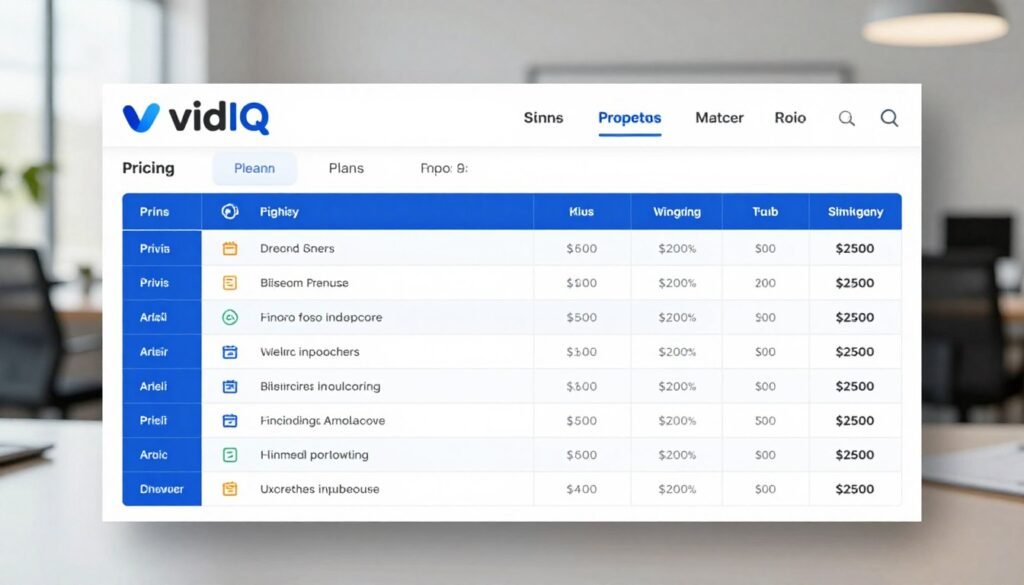 A sleek and modern pricing comparison table for vidIQ, prominently displayed in the foreground. The table includes distinct sections for different pricing plans, each represented with clear, organized rows and columns, highlighting key features and costs in engaging visuals. The background features a subtle, blurred office setting with soft, natural lighting that creates a professional atmosphere. The overall color palette is a mix of blue and white, giving a tech-savvy and trustworthy feel. The image should be shot with a slight top-down angle to emphasize the table's structure. No text, logos, or other overlays. – RyanBlakeAI vidIQ pricing plans and costs for 2026