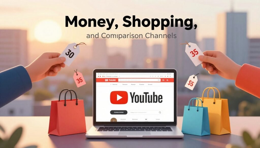A visually captivating and professional illustration showcasing the concept of "Money, Shopping, and Comparison Channels" for a faceless YouTube channel. In the foreground, an array of items symbolizing shopping and comparison: a laptop displaying e-commerce websites, price tags, and vibrant shopping bags. In the middle ground, silhouettes of hands comparing products, emphasizing a sense of decision-making without revealing identities. The background features a soft-focus cityscape representing modernity and consumerism, bathed in warm sunset lighting creating an inviting atmosphere. The lens captures a slight top-down angle to enhance depth, and a subtle bokeh effect adds a dreamy quality. The overall mood is energetic yet focused, evoking the excitement of online shopping and comparison. Include branding for "Ryan Blake AI" subtly integrated into the scene.