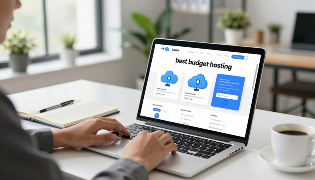 A visually engaging scene depicting a person, dressed in professional business attire, sitting at a modern desk with a laptop open to a user-friendly website showcasing "best budget hosting" options. In the foreground, a close-up of the laptop screen displays vibrant graphics of cloud hosting symbols and budget-friendly pricing plans. The middle ground features a notebook with notes on hosting features and a cup of coffee, suggesting a relaxed yet focused work environment. In the background, a bright and airy office space with large windows allowing natural light to flood in, infused with greenery from potted plants, conveying a sense of clarity and inspiration in the hosting industry. The overall mood is optimistic and professional, reflecting the themes of innovation and accessibility in the hosting industry. RyanBlakeAI. Hostinger vs Bluehost comparison for beginners in 2026