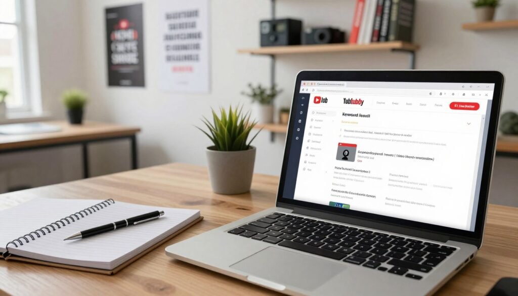 A visually engaging workspace dedicated to YouTube content creation, focusing on beginners and small channels. In the foreground, a laptop displays TubeBuddy's clean and user-friendly interface, showcasing tools for keyword research and video optimization. A notepad with notes and a pen sit beside the laptop, emphasizing organization. In the middle ground, a well-lit modern office space features motivational posters about growth and creativity, with a small potted plant adding a touch of life. The background consists of a wall with shelves holding various YouTube-related books and equipment, conveying a sense of professionalism. Natural light floods the room, creating a warm and inspiring atmosphere. Capture this scene with a slight angle from above, using soft focus to enhance the inviting mood. Include the brand name "RyanBlakeAI" subtly integrated into the workspace setup. TubeBuddy Review 2026 for YouTube creators