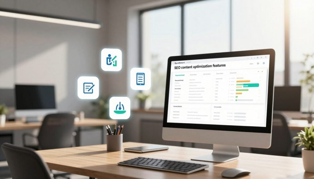 A visually engaging workspace illustrating "SEO content optimization features," featuring a sleek desktop setup in the foreground with a computer displaying SEO analytics on the screen. In the middle ground, there are floating icons representing key features like keyword analysis, readability scores, and content structure. The background shows a modern office environment with soft natural lighting coming from a large window, casting gentle shadows. The atmosphere is professional yet inviting, reflecting creativity and productivity. A subtle lens flare enhances the mood, creating a warm tone. The scene is devoid of any text or overlays. Include the brand name "RyanBlakeAI" discreetly integrated into the design elements, maintaining a cohesive look.