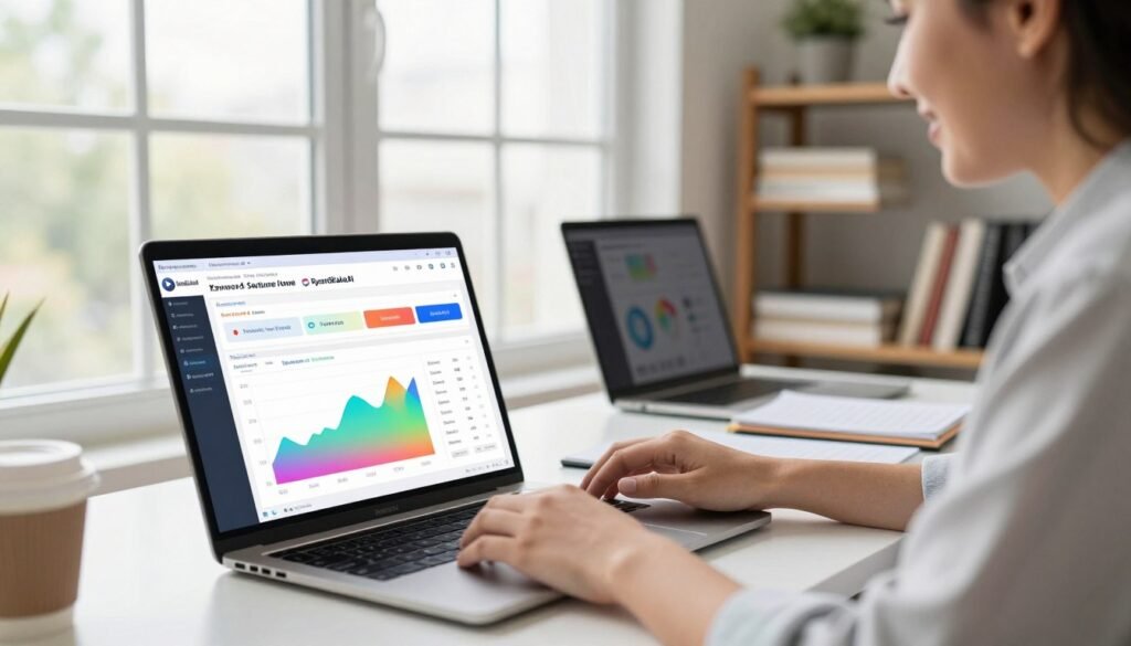 YouTube creator reviewing keyword search volume and analytics YouTube keyword research process for low-competition video ideas