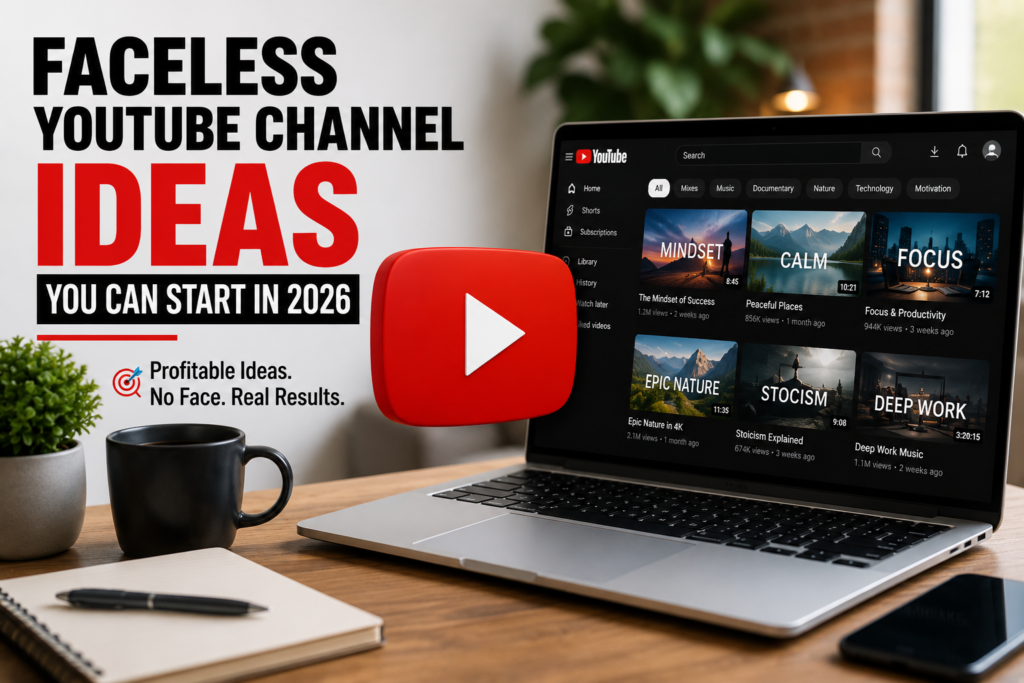 Faceless YouTube channel ideas video thumbnail with YouTube play button