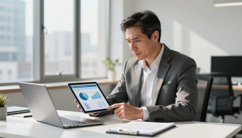 Business owner reviewing hosting performance analytics and website costs on a tablet.