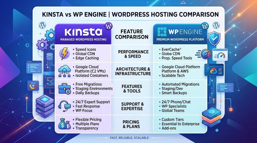 Kinsta vs WP Engine 2026 managed WordPress hosting comparison